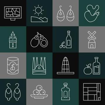 Set line House Edificio Mirador, Apple cider bottle, Windmill, Earrings, Ca.. Illustration