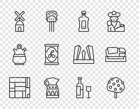 Set line House Edificio Mirador, Orange tree, Orujo, Sangria pitcher, Windm.. Illustration