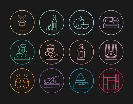 Set line House Edificio Mirador, Sagrada Familia, Orange fruit, Bullfight, .. Иллюстрация