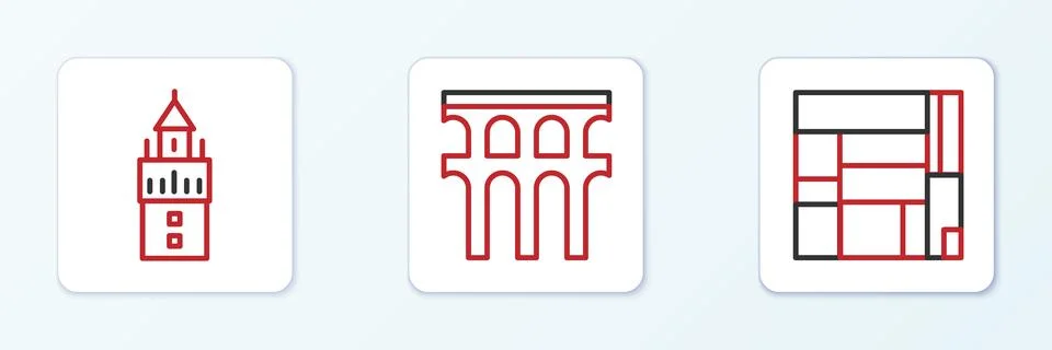 Set line House Edificio Mirador, Giralda and Aqueduct of Segovia icon. Vector Stock-Illustration