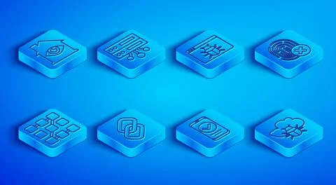 Set line House with eye scan, Server, Data, Web Hosting, System bug, Chain .. Stock Illustration
