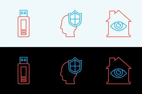 Set line House with eye scan, USB flash drive and Head shield icon. Vector Stock Illustration