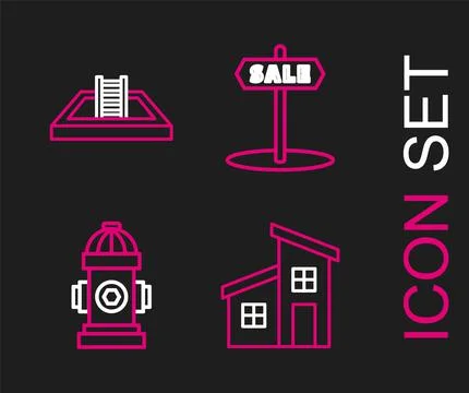 Set line House, Fire hydrant, Hanging sign with text Sale and Swimming pool l Ilustración de archivo