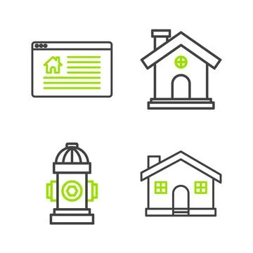 Set line House, Fire hydrant, and Hanging sign with text Online Sale icon Ilustración de archivo