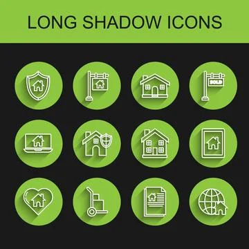 Set line House with heart shape, Hand truck and boxes, shield, contract, Gl.. Stock Illustration