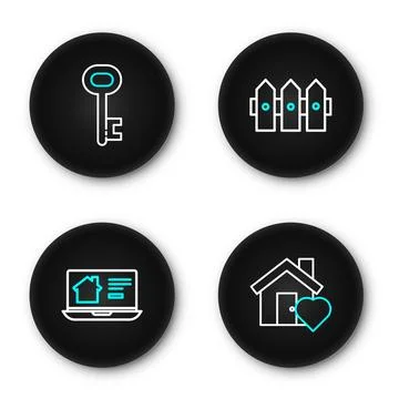 Set line House with heart shape, Online real estate house, Garden fence woo.. 스톡 일러스트