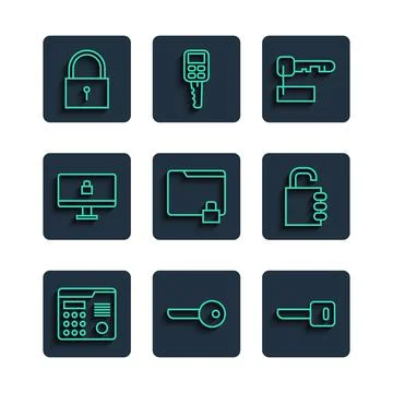Set line House intercom system, Key, Marked key, Folder and lock, Lock on Illustrazione stock