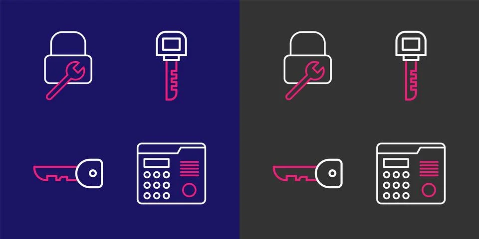 Set line House intercom system, Key,  and Lock repair icon. Vector Illustrazione stock