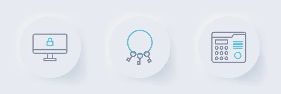 Set line House intercom system, Bunch of keys and Lock on computer monitor .. Stock Illustration