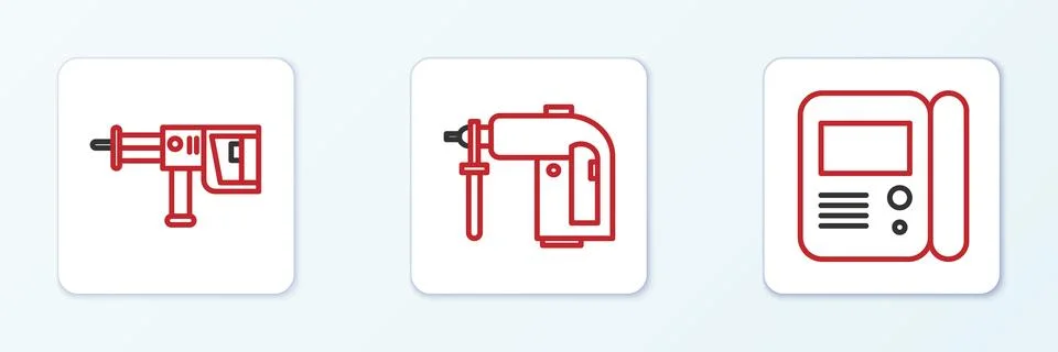 Set line House intercom system, Rotary hammer drill machine and  icon. Vector Stock Illustration