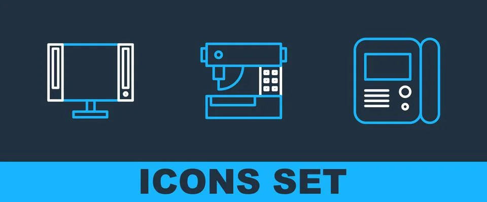 Set line House intercom system, Smart Tv and Sewing machine icon. Vector 스톡 일러스트