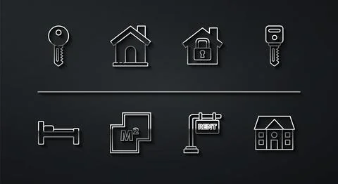 Set line House key, Bed, Hanging sign with Rent, plan, and under protection icon Stock Illustration