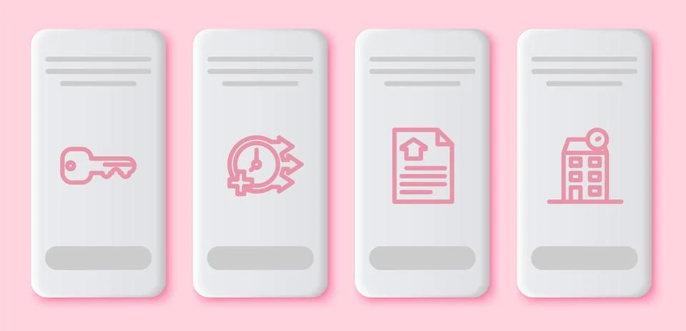Set line House key, Clock, contract and . White rectangle button. Vector イラスト素材