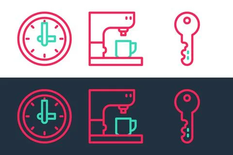Set line House key, Clock and Coffee machine icon. Vector Stock Illustration