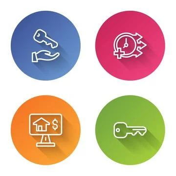 Set line House key, Clock, Online real estate and . Color circle button. Vector Stock Illustration