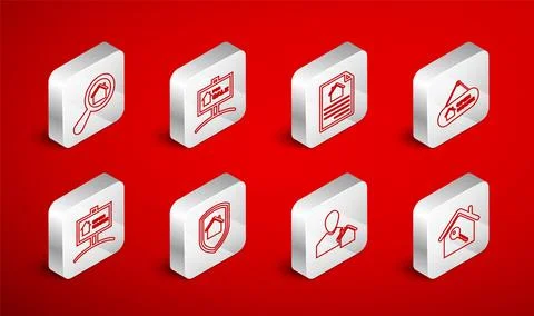 Set line House with key, Hanging sign For Sale, contract, Open house, Realt.. Illustrazione stock