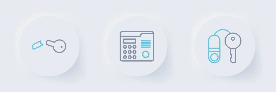 Set line House with key, intercom system and Broken icon. Vector Illustrazione stock