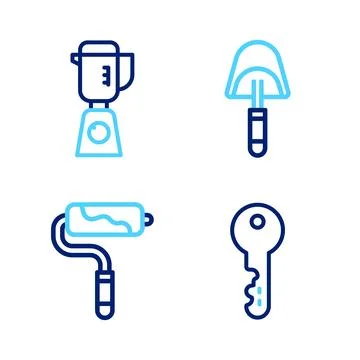 Set line House key, Paint roller brush, Spatula and Blender icon. Vector Stock Illustration