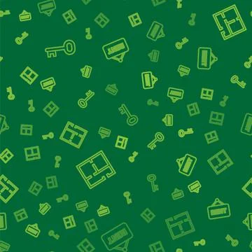 Set line House key, plan and Hanging sign with Rent on seamless pattern. Vector Stock Illustration