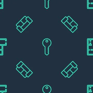 Set line House key, Sofa and plan on seamless pattern. Vector Illustrazione stock