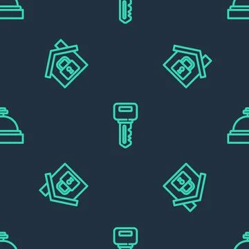 Set line House key, under protection and Hotel service bell on seamless pattern Stock Illustration