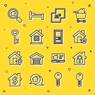 Set line House key, under protection, with wrong mark, plan, Search house and Illustrazione stock