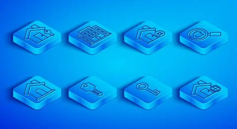 Set line House with key, wrong mark, Search house, and under protection icon Stock Illustration