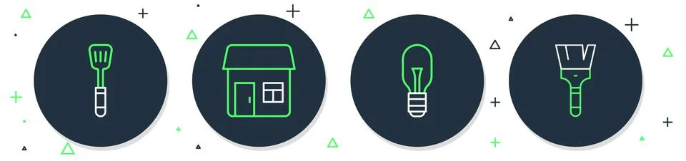 Set line House, Light bulb, Spatula and Paint brush icon. Vector Stock Illustration
