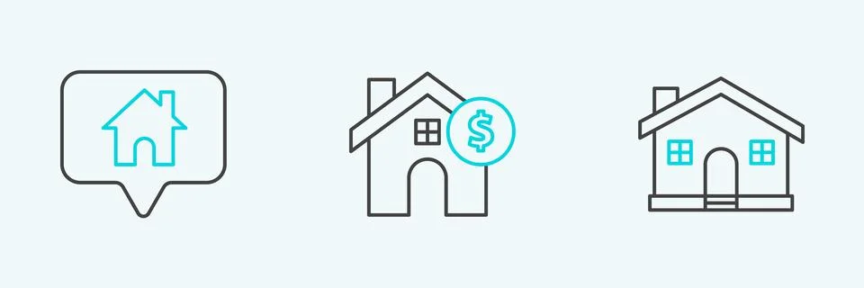 Set line House, Map pointer with house and dollar symbol icon. Vector Illustrazione stock