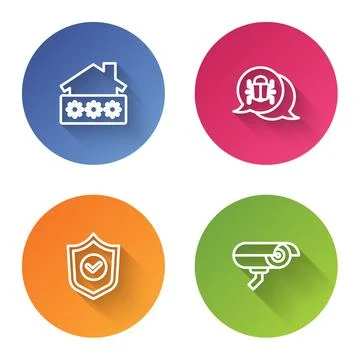 Set line House with password, System bug, Shield check mark and Security camera Stock Illustration