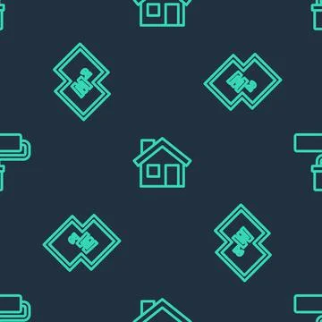 Set line House, plan and Paint roller brush on seamless pattern. Vector Stock Illustration