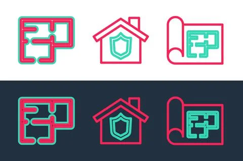 Set line House plan, and with shield icon. Vector Ilustración de archivo