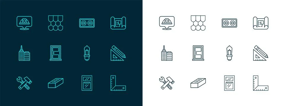 Set line House plan, Brick, Light bulb, Window in room, Closed door, Electr.. Stock Illustration