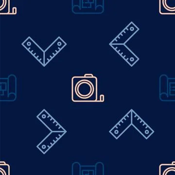 Set line House plan, Corner ruler and Roulette construction on seamless pattern Stock Illustration