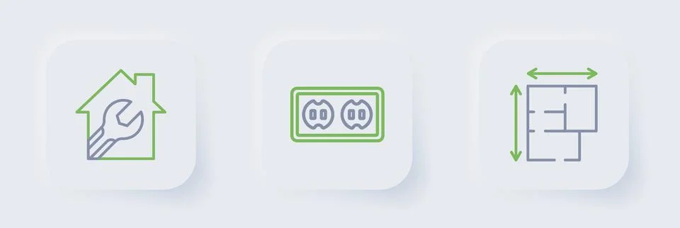 Set line House plan, Electrical outlet and with wrench spanner icon. Vector Stock Illustration