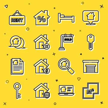 Set line House plan, Garage, key, Bed, with wrong mark, Real estate message.. Stockillustratie