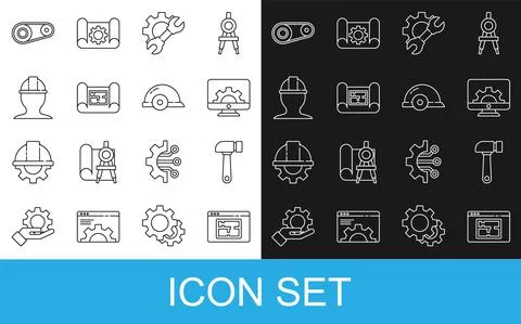 Set line House plan, Hammer, Computer monitor and gear, Wrench spanner, Worker Illustrazione stock