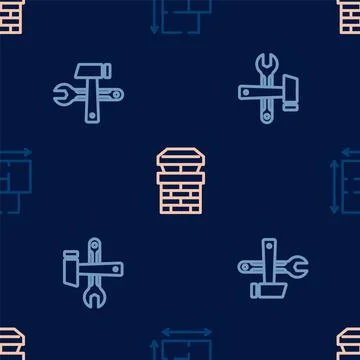 Set line House plan, Hammer and wrench spanner and Chimney on seamless pattern Stock Illustration