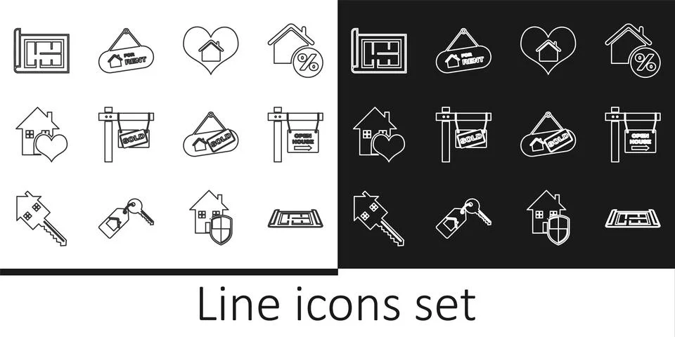 Set line House plan, Hanging sign with Open house, heart shape, Sold,  and .. Stock Illustration