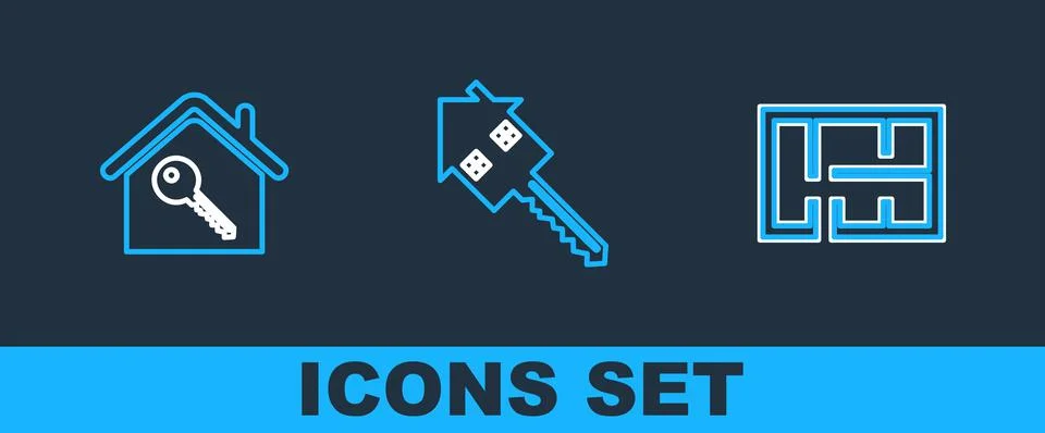 Set line House plan, with key and icon. Vector Ilustración de archivo