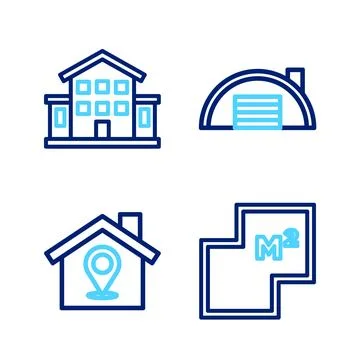 Set line House plan, Location with house, Warehouse and icon. Vector Ilustración de archivo