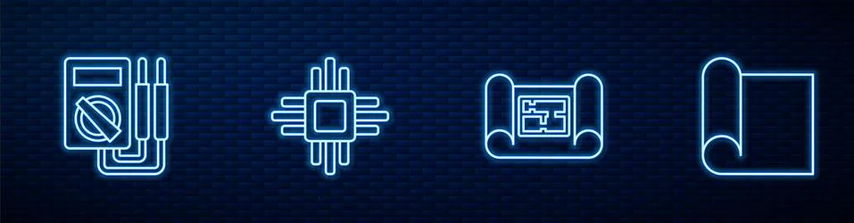 Set line House plan, Multimeter, Processor with microcircuits CPU and Graphing Stock Illustration