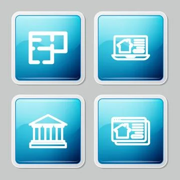 Set line House plan, Online real estate house, Museum building and  icon. V.. Ilustración de archivo
