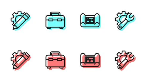 Set line House plan, Pencil and gear, Toolbox and Wrench spanner icon. Vector Stock Illustration