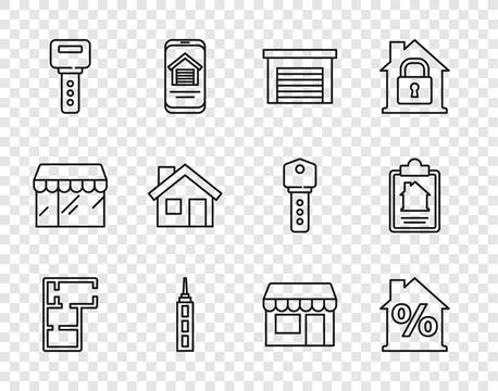 Set line House plan, with percant discount, Garage, Skyscraper, key, Market Ilustración de archivo