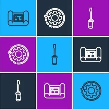 Set line House plan, Screwdriver and Gear and arrows as workflow icon. Vector Stock Illustration
