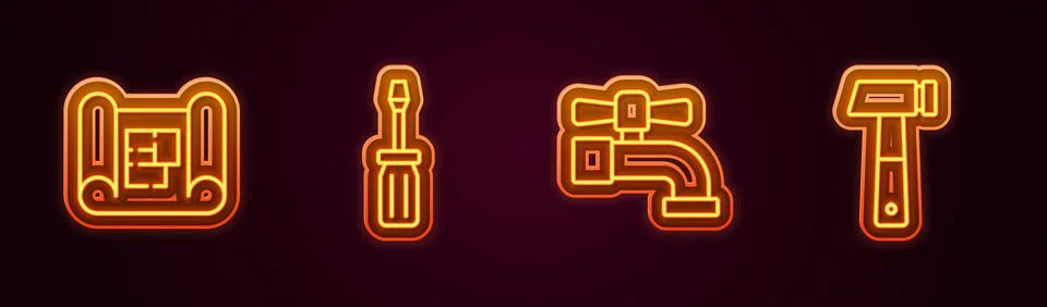 Set line House plan, Screwdriver, Water tap and Hammer. Glowing neon icon Illustration