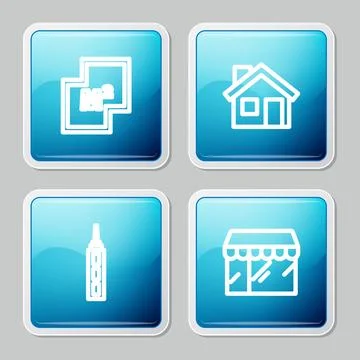Set line House plan, , Skyscraper and Market store icon. Vector Ilustración de archivo