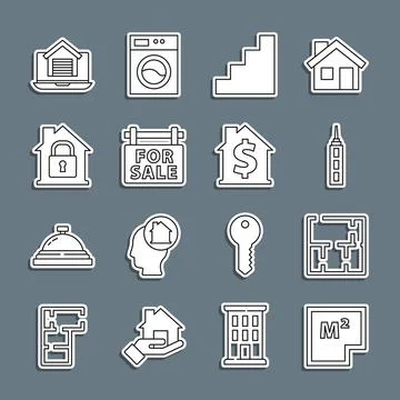 Set line House plan, Skyscraper, Staircase, Hanging sign with For Sale, under Illustrazione stock