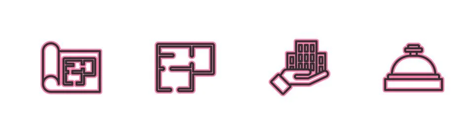 Set line House plan, Skyscraper,  and Hotel service bell icon. Vector Ilustración de archivo